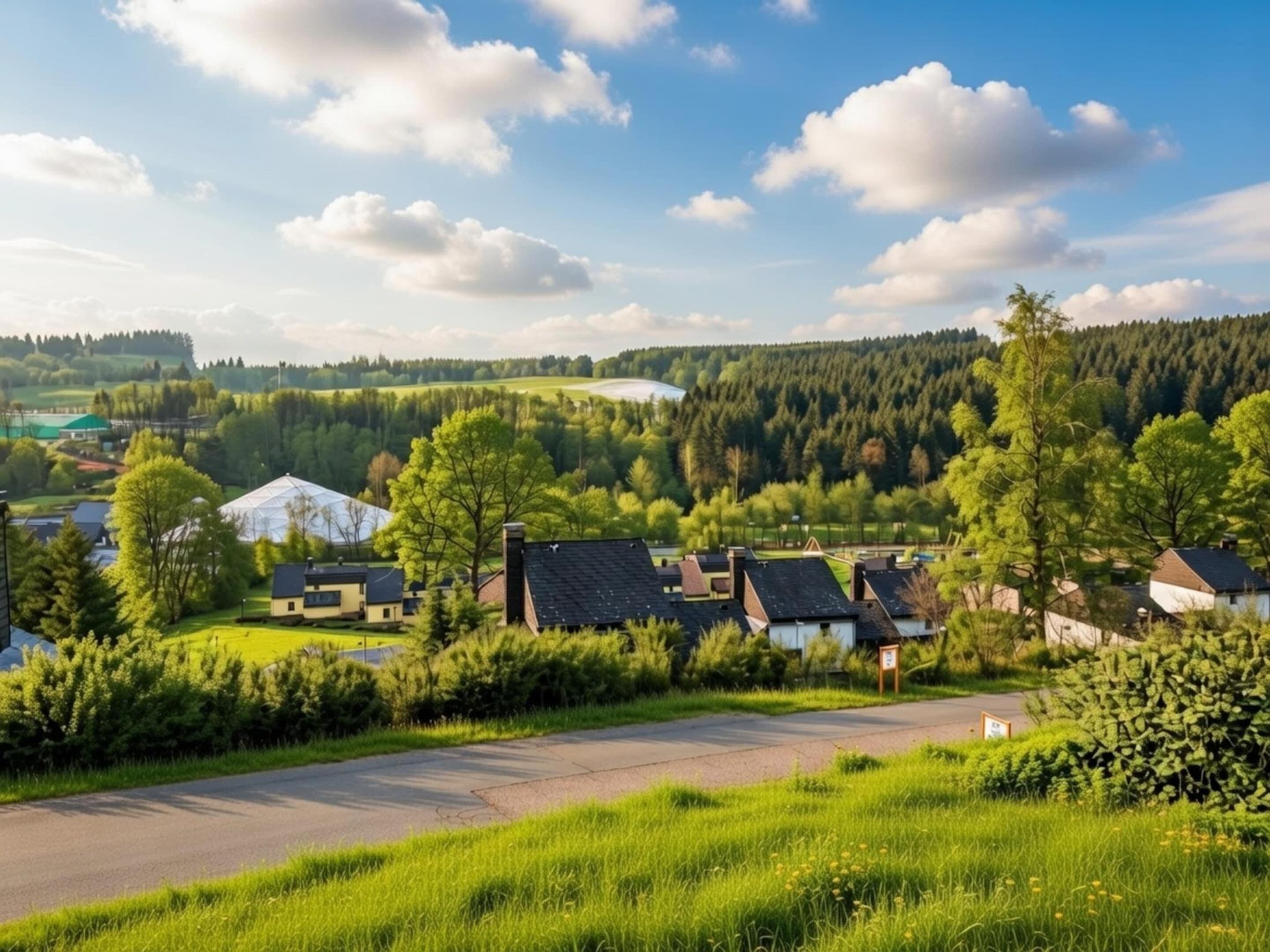 A rural landscape with houses, a road, and a forested hill in the background.