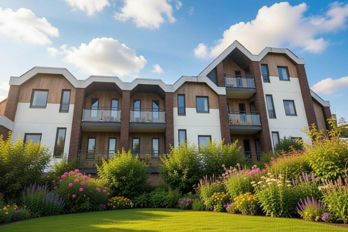 A multi-story residential building with balconies, surrounded by well-maintained gardens.