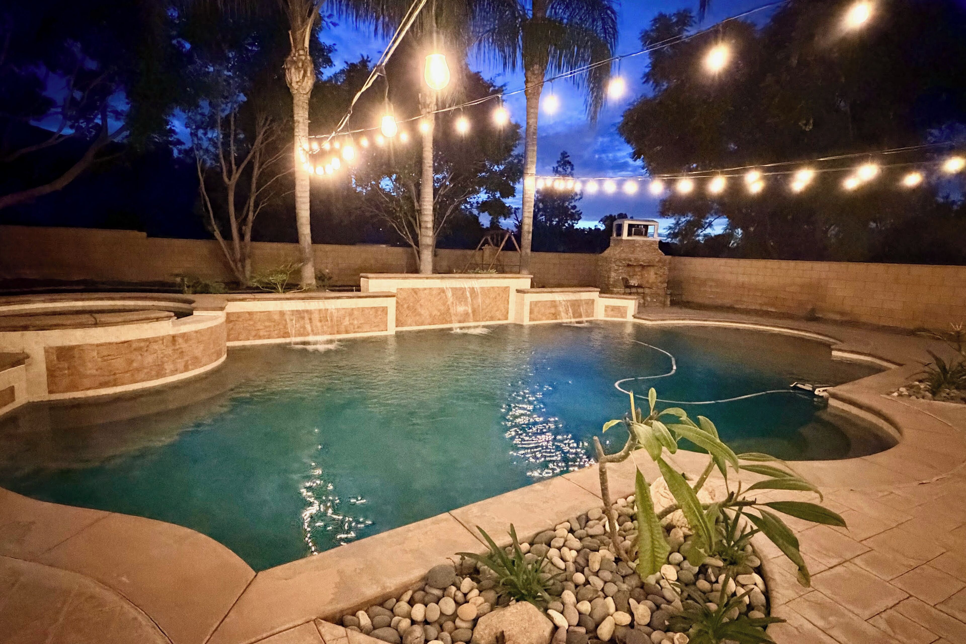 A swimming pool with a curved design, surrounded by a stone deck and palm trees.
