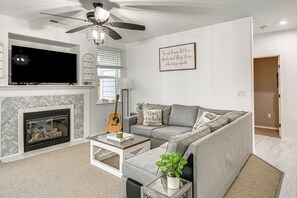 TV, fireplace, books
