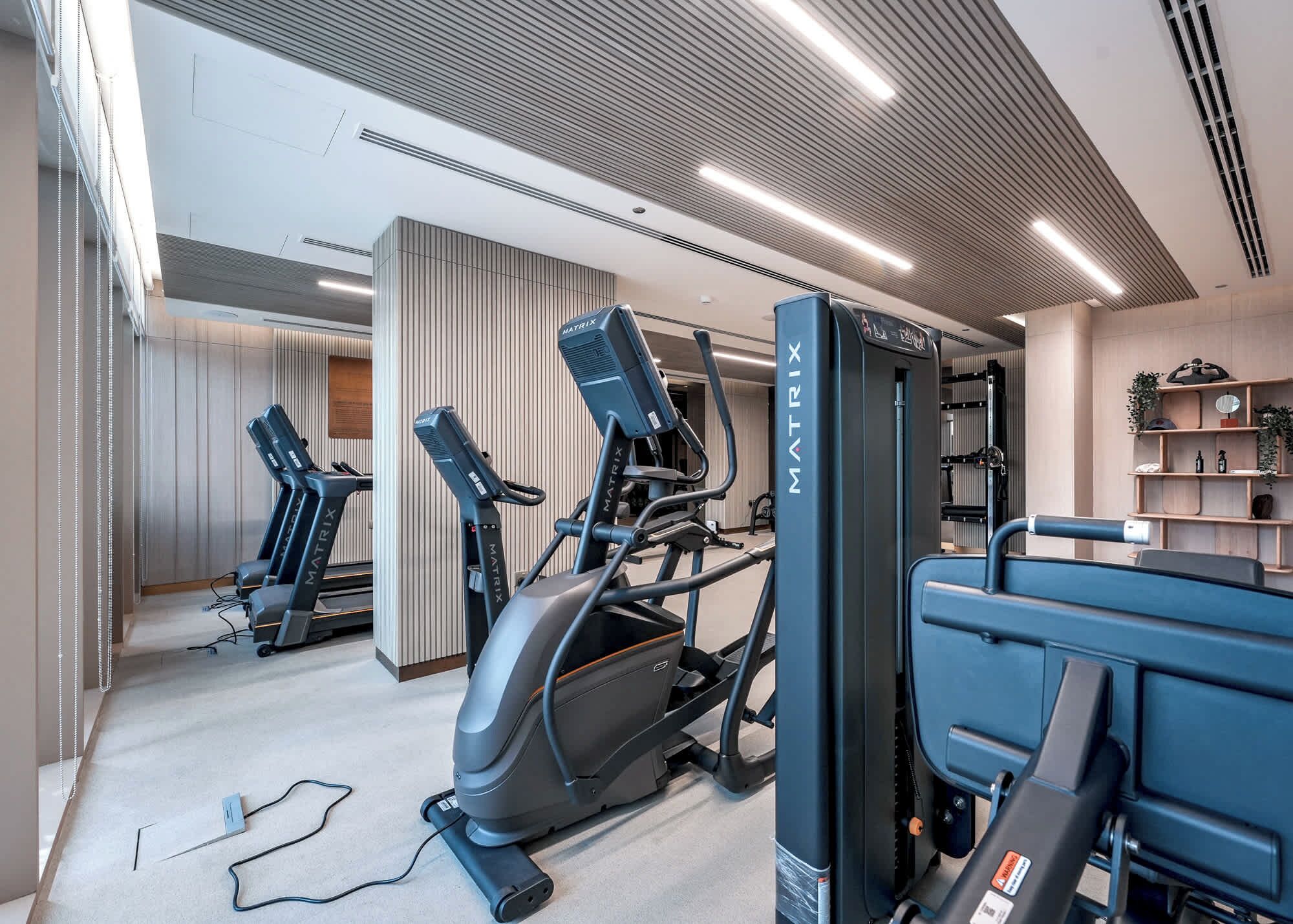 Ein modernes Fitnessstudio mit Laufbändern, einem Ergometer und einem Rudergerät.