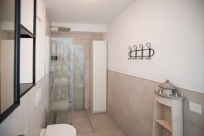 Shower, hair dryer, towels