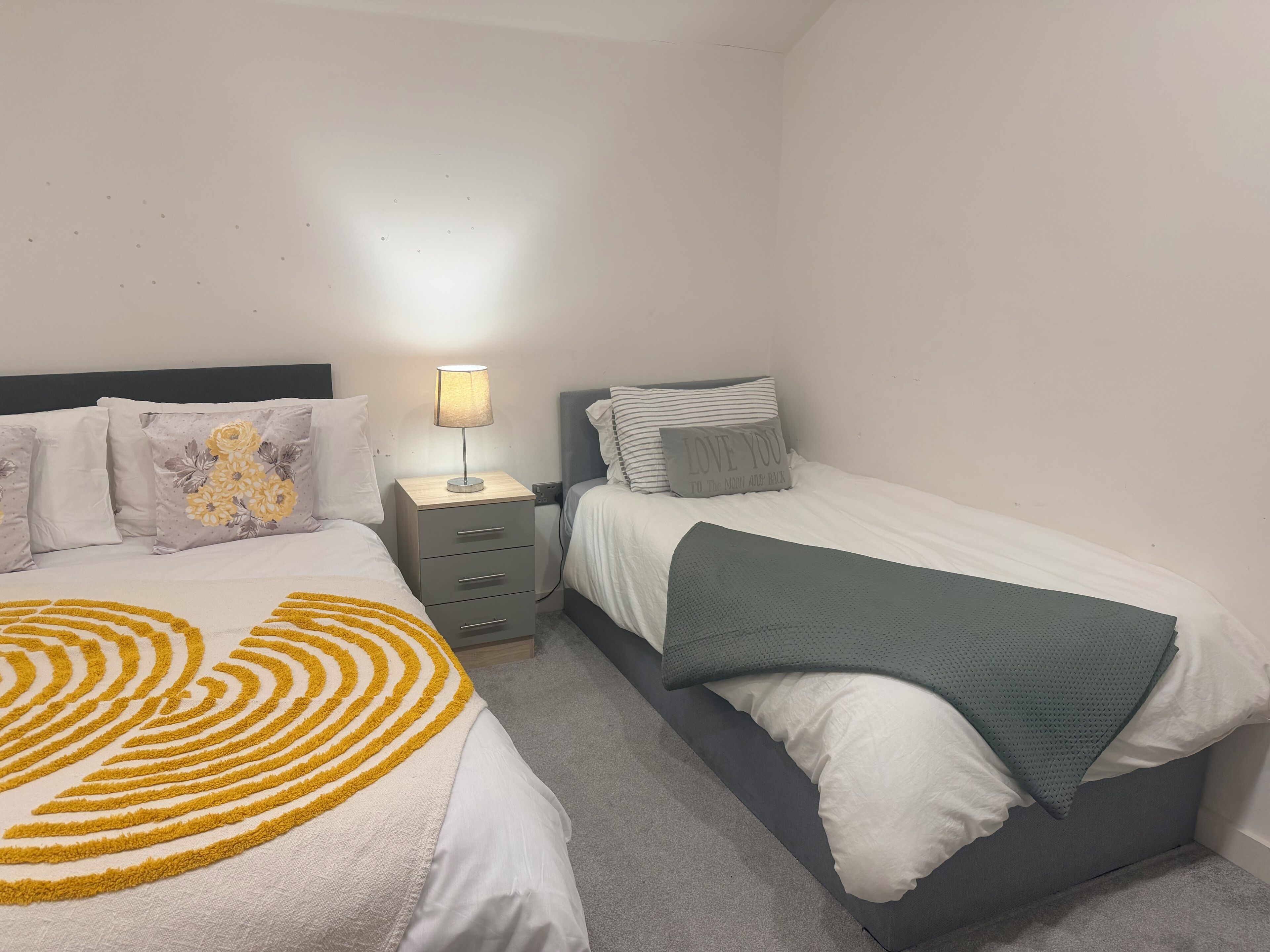 A bedroom with two beds, a bedside table with a lamp, and a decorative rug.