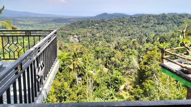 Une vue panoramique depuis un balcon donnant sur un paysage verdoyant et luxuriant, avec des montagnes lointaines et quelques bâtiments dispersés.