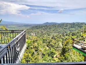 Panoramablick von einem Balkon über eine üppige, grüne Landschaft mit fernen Bergen und verstreuten Gebäuden.