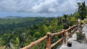 Un belvédère offrant une vue panoramique, avec une rambarde en bois, une végétation luxuriante et une vue sur des collines lointaines.