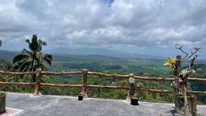 Un belvédère offrant une vue panoramique, agrémenté d’une clôture en bois rustique, de plantes en pot et d’un paysage luxuriant.