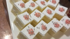 A rectangular white plate with neatly arranged square pieces of cake, each topped with pink frosting and silver beads. - Chayabithi beach resort (Cox's Bazar)