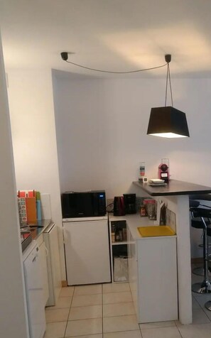 Fridge, microwave, dishwasher, cookware/dishes/utensils