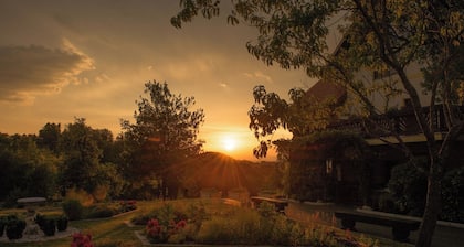 Wooden house in nature with balcony, animals & peaceful surroundings