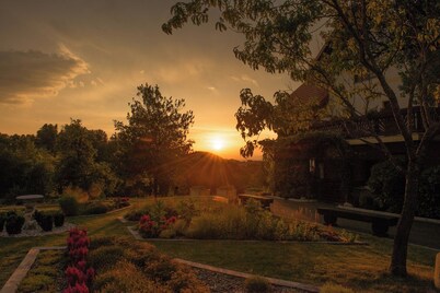Wooden house in nature with  balcony, animals & peaceful surroundings