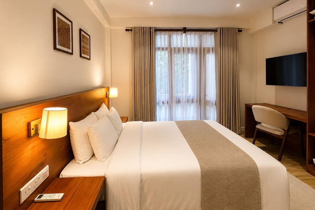 Habitación de hotel con cama, mesita de noche, lámpara, televisor y escritorio con silla.