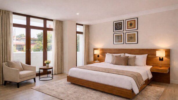 A spacious bedroom with a large bed, a sitting area with a chair and table, and a view through large windows. - Park Street Suites - Colombo (Colombo)