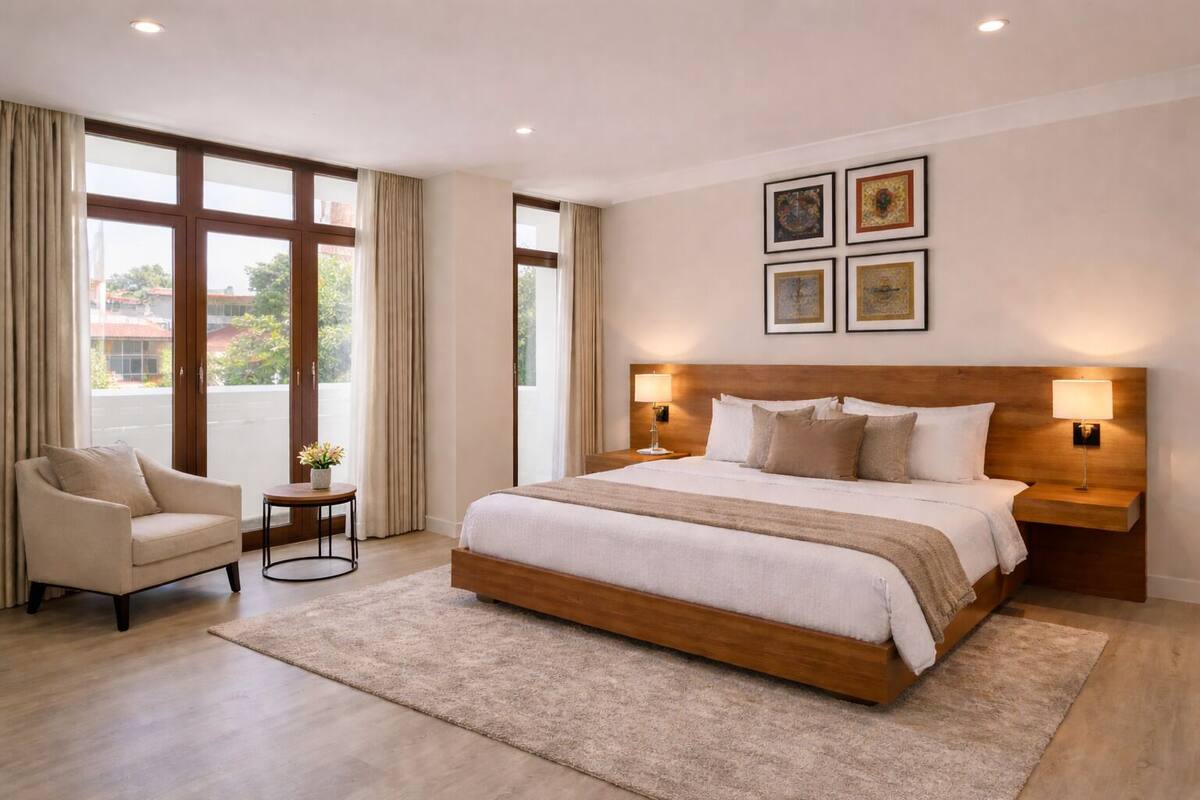 Un dormitorio amplio con una cama grande, una zona de estar con una silla y una mesa, y vistas a través de amplios ventanales.