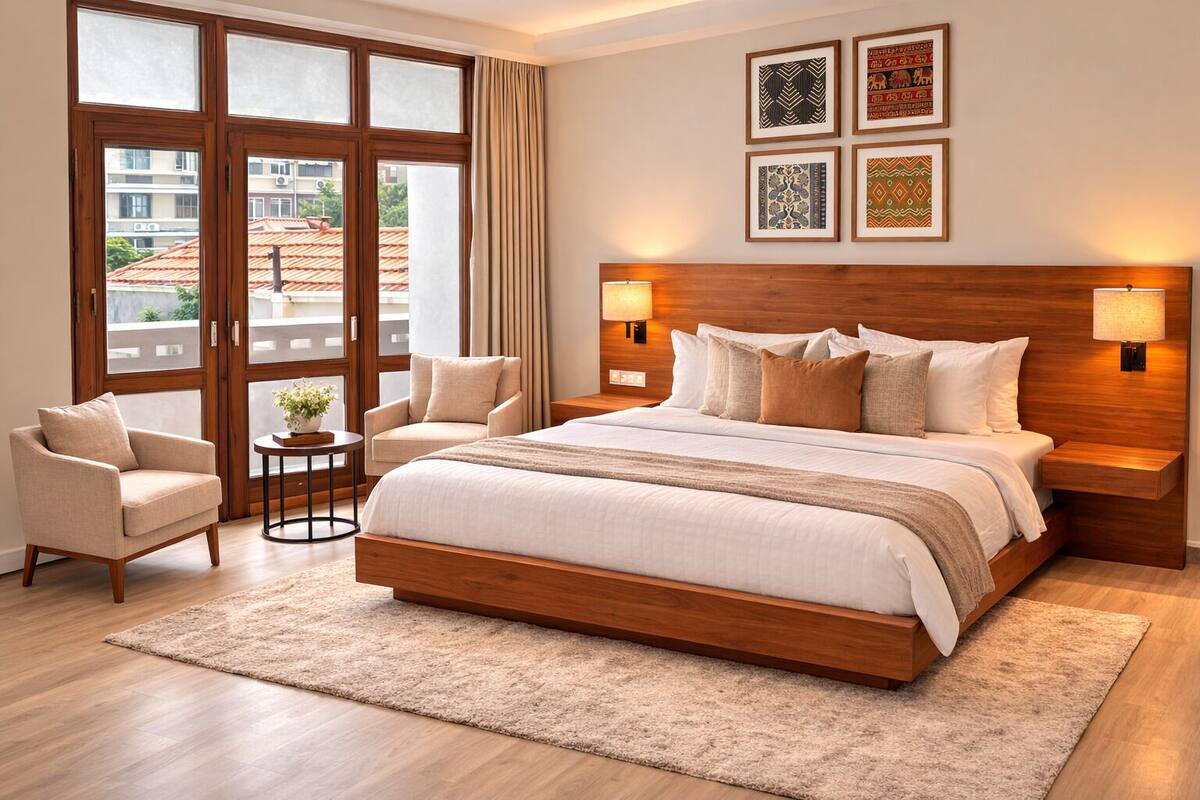 Un dormitorio con una cama grande, dos mesitas de noche, una silla, una pequeña mesa con una planta y vistas a edificios a través de un ventanal.