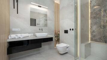 Shower, hair dryer, towels, shampoo