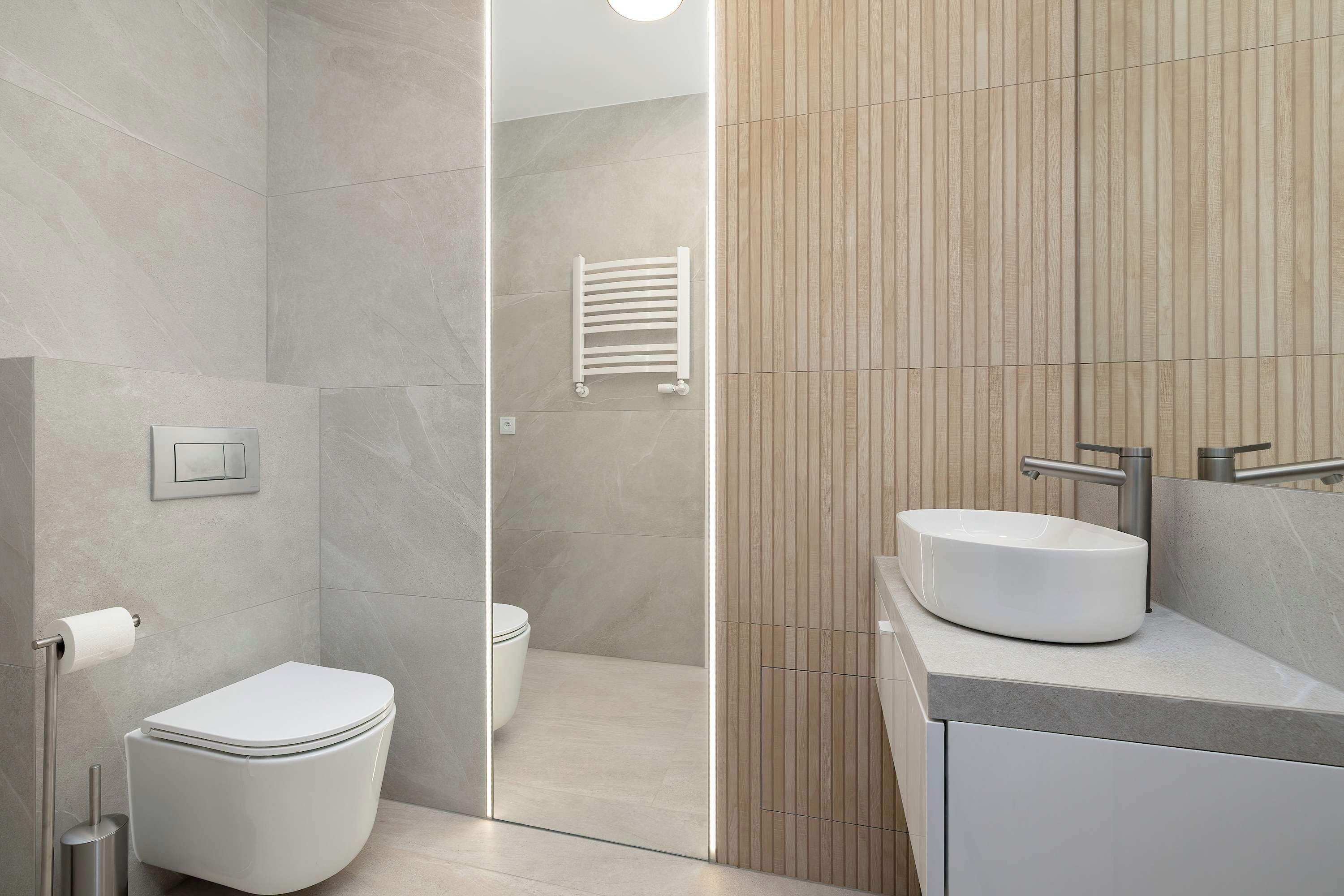 A modern bathroom with a toilet, a sink, and a shower area.