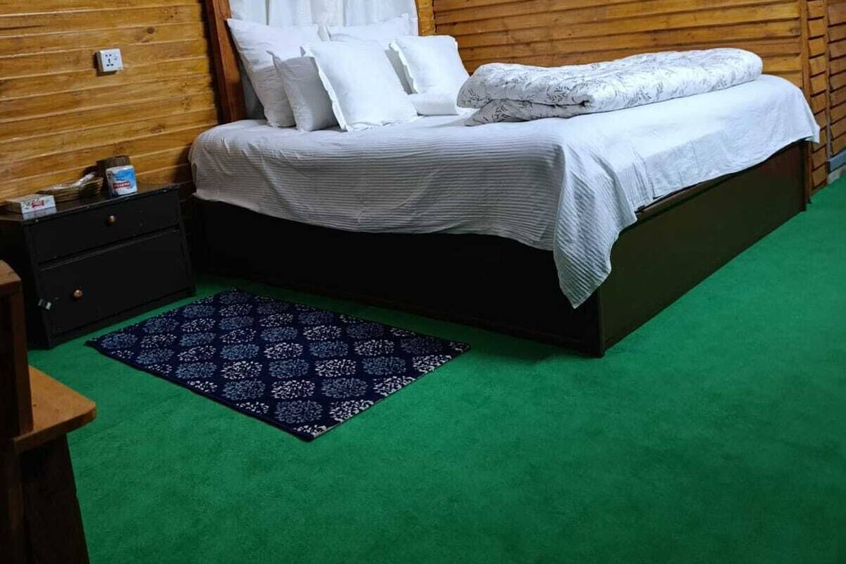 Une chambre avec un lit, une table de chevet, une commode et un tapis vert.