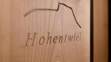 A wooden surface with the text "Hohentwiel" engraved.