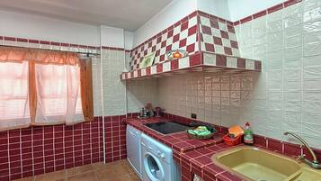 A compact kitchen with a washing machine, a sink, and a tiled backsplash.