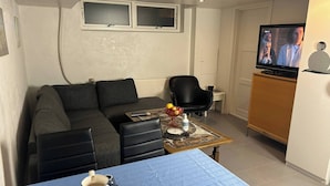 A compact living space with a sofa, a small coffee table, and a television. - Basement Apartment in Villa (Odense)