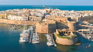 A coastal cityscape with a fortified harbor, historic buildings, and a clear view of the sea. - Apartment in Torre Suda, Racale (Torre Suda Provincia Lecce)