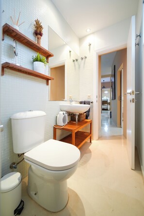 A modern bathroom with a toilet, sink, and shower area. There are wooden shelves with plants and a mirror above the sink. - Triana Dream (Sevilla)