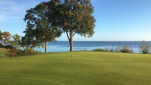 Um campo de golfe com haste central, rodeado por árvores e vista para o oceano.