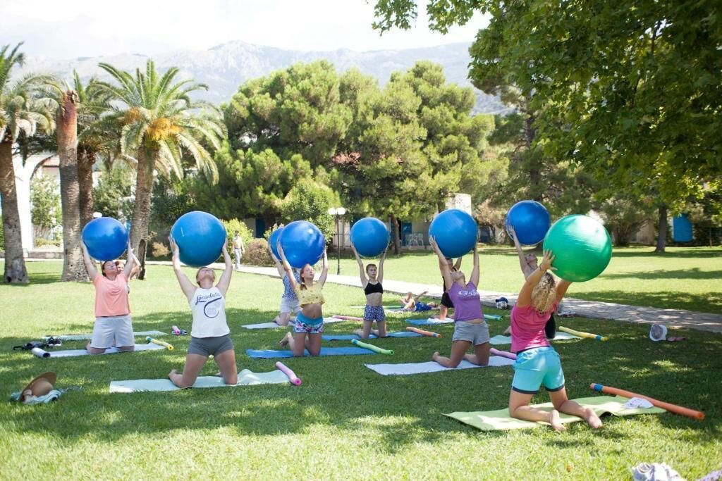 A group of people performing an outdoor exercise class with large blue exercise balls, on a grassy field with trees and a mountain in the background.