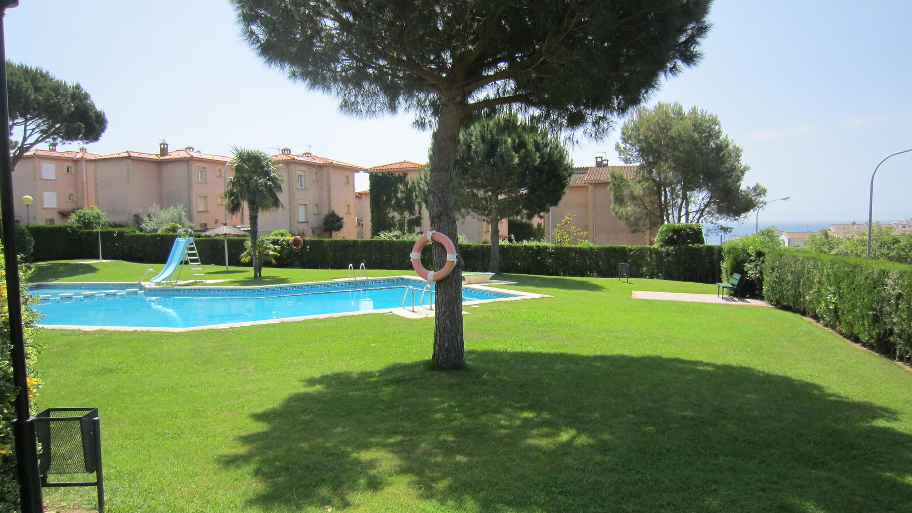 A swimming pool with a slide, surrounded by well-maintained grass and a tree.