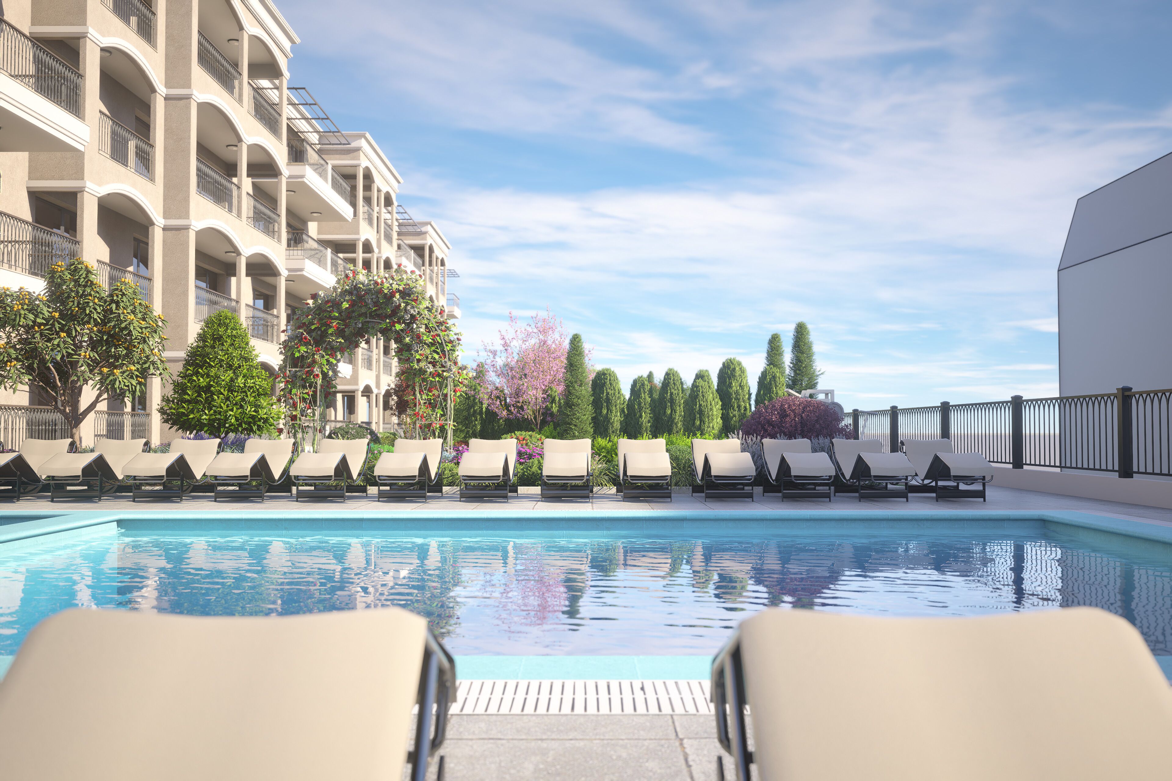 Seasonal outdoor pool, pool umbrellas, sun loungers