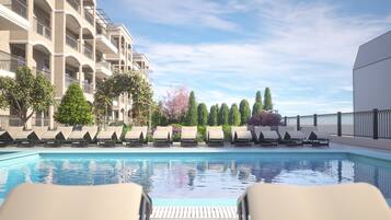 Seasonal outdoor pool, pool umbrellas, sun loungers