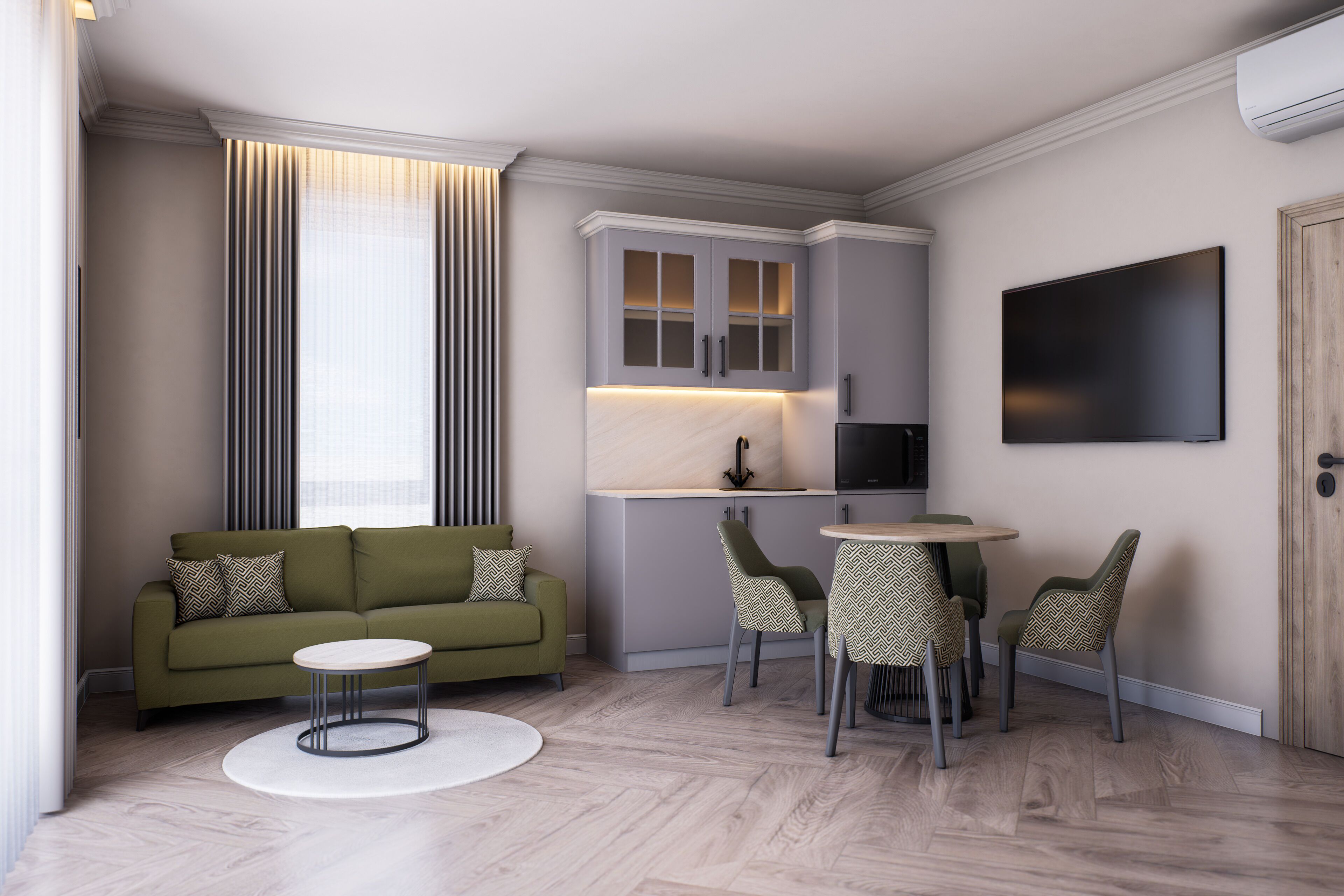 Appartement Deluxe | Coin séjour | TV connectée de 42 pouces avec chaînes par câble