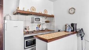 Una cocina compacta con microondas, horno y pileta.