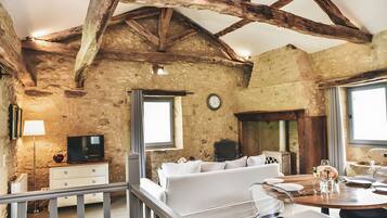 Televisie, een open haard, een dvd-speler en een tafeltennistafel