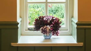 A bay window with a white frame, a door with a black handle, and a vase with flowers on a window sill. - Miniature Castle Surrounded by Woodland on a Scottish Estate (Leven)