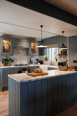 Fridge, microwave, oven, stovetop