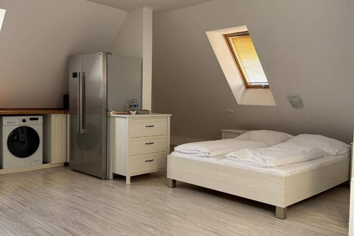 Un dormitorio con cama, lavadora, refrigerador y tragaluz.