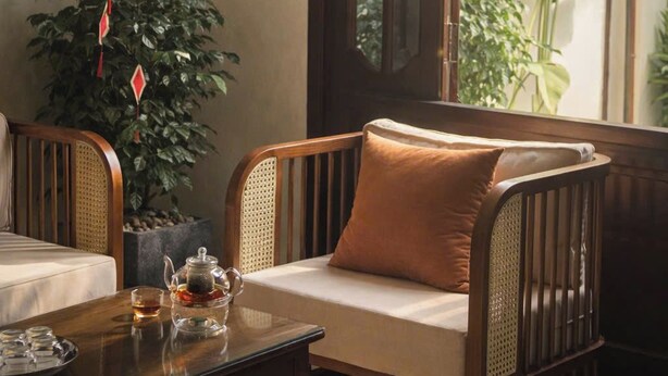 A cozy seating area with a cushioned sofa and a wooden table, a large window with a view of greenery, and a potted plant.