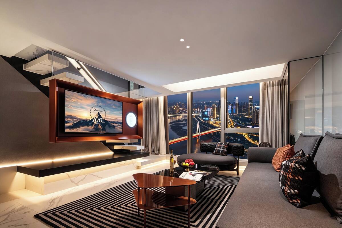 Ein modernes Wohnzimmer mit großem Fernseher, einer Couch, einem Couchtisch und Blick auf eine Skyline durch große Fenster.