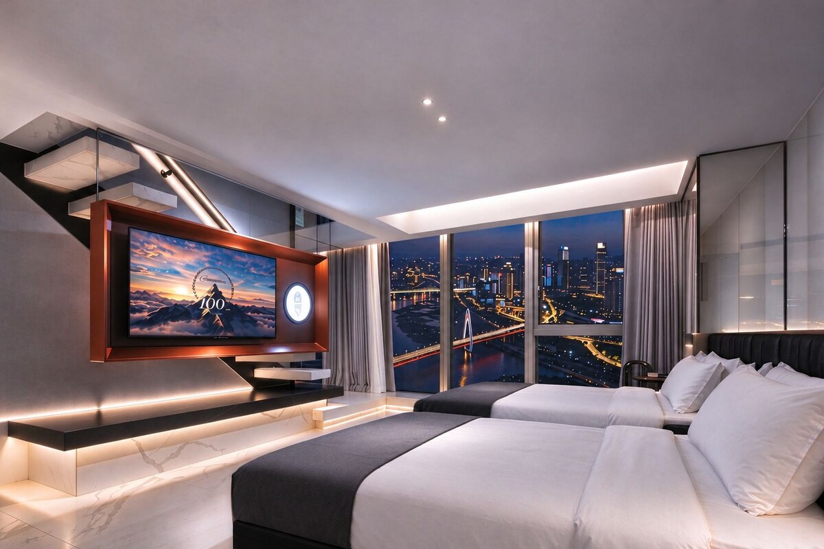 Quarto de hotel moderno com televisão grande, cama, sofá e vista para a cidade.