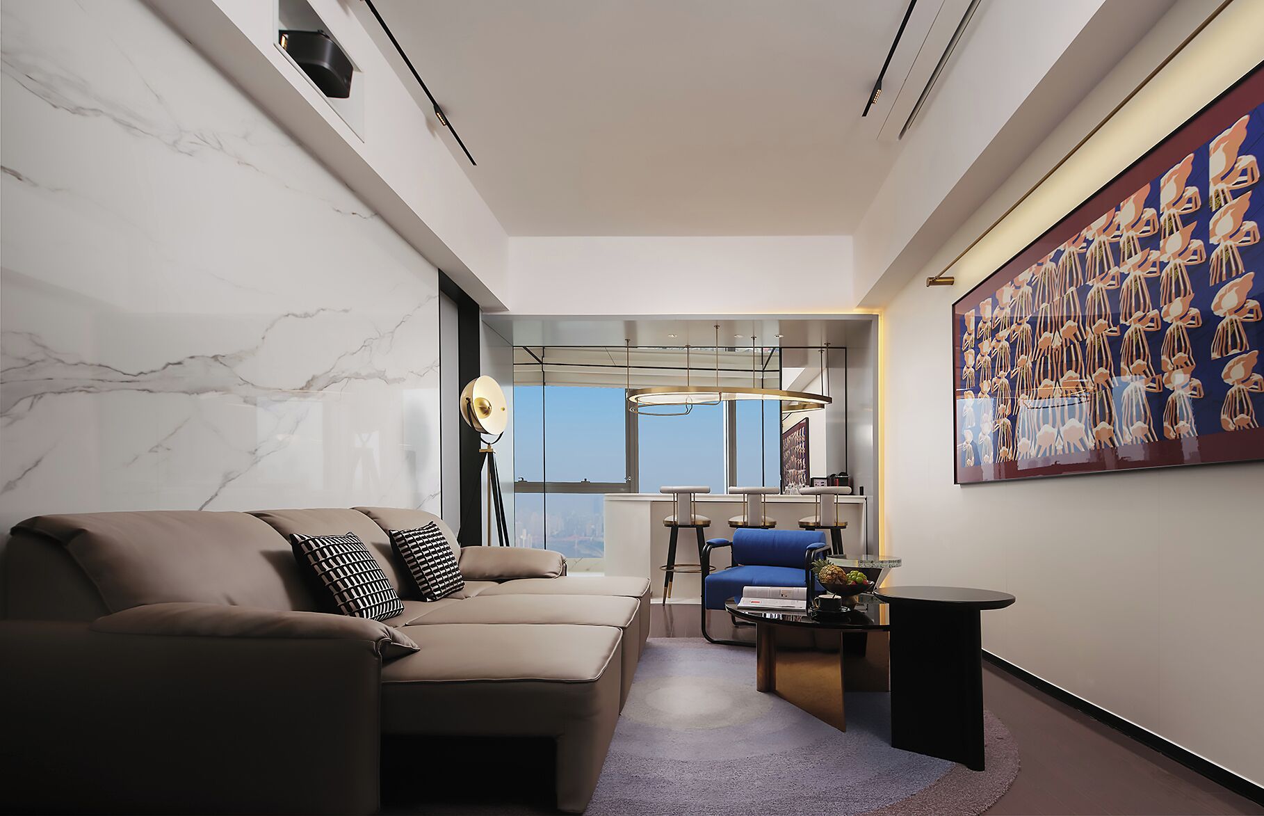 A modern living room with a sofa, a coffee table, and a painting on the wall.