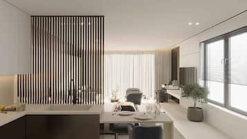 Suíte estúdio conforto, vista para o mar | Wi-Fi de cortesia, roupa de cama