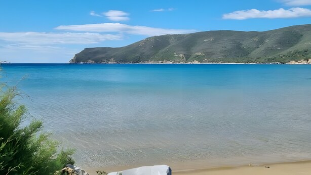 A beach with clear water, a sandy shore, and green hills in the background. - Adriana Trilocale Apartment with Sea View and Wi-Fi (Lacona)