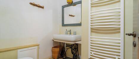 A bathroom with a white toilet, a sink with a mirror above it, and a radiator.