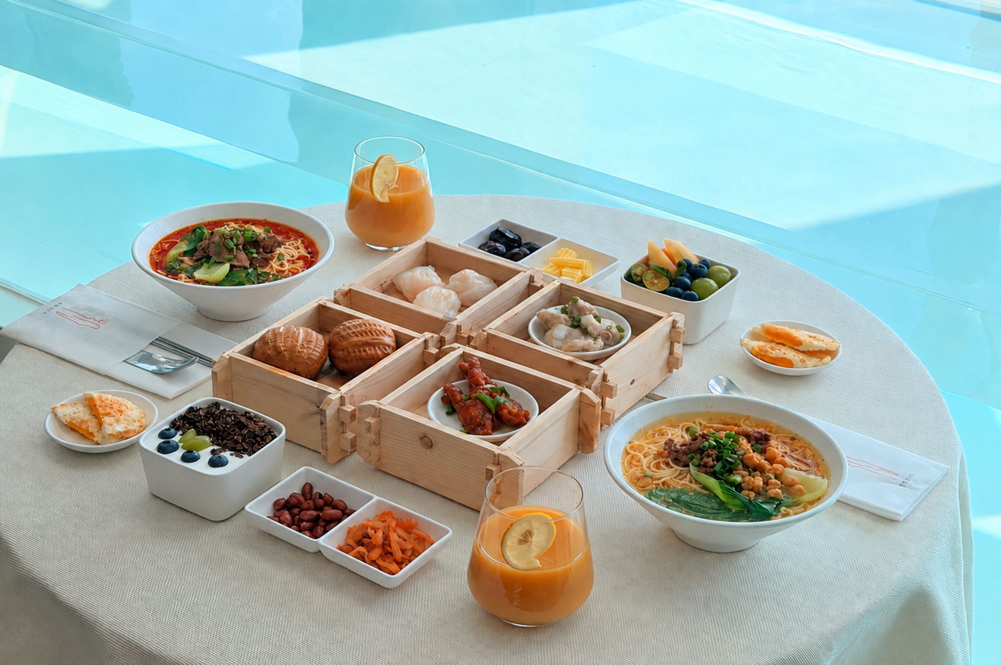 Una mesa servida con varios platos, que incluyen un tazón de sopa, un vaso de jugo y varios recipientes pequeños con distintas comidas.