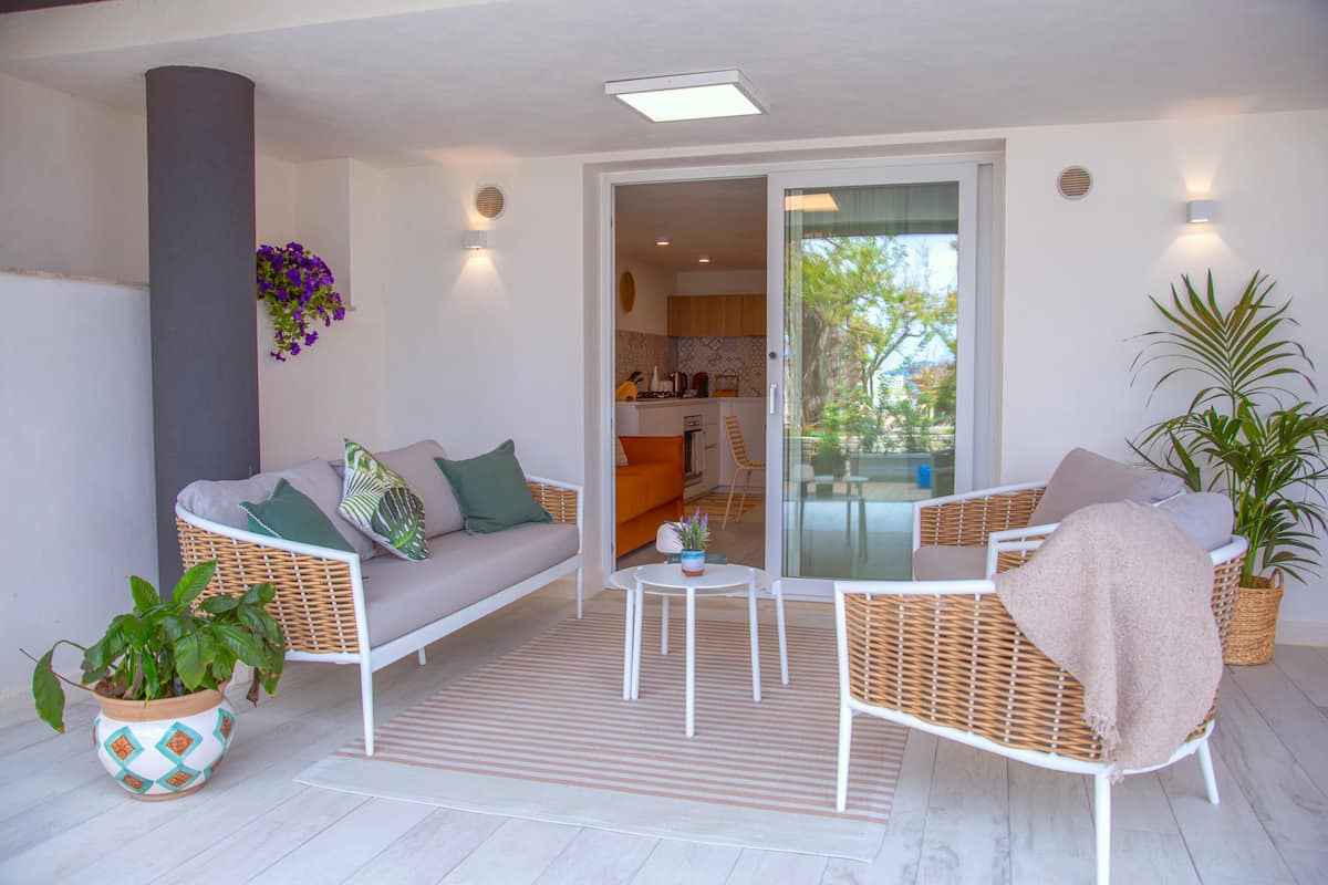 A modern living room with a sofa, chairs, a coffee table, and potted plants.