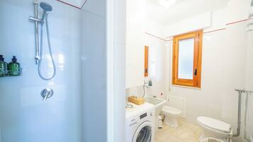 Une salle de bain moderne équipée d’une douche, d’un lave-linge, de toilettes et d’un lavabo.