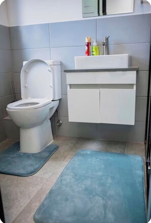 Een badkamer met een toilet, een wastafel en een spiegel. Op de vloer liggen twee blauwe matten.