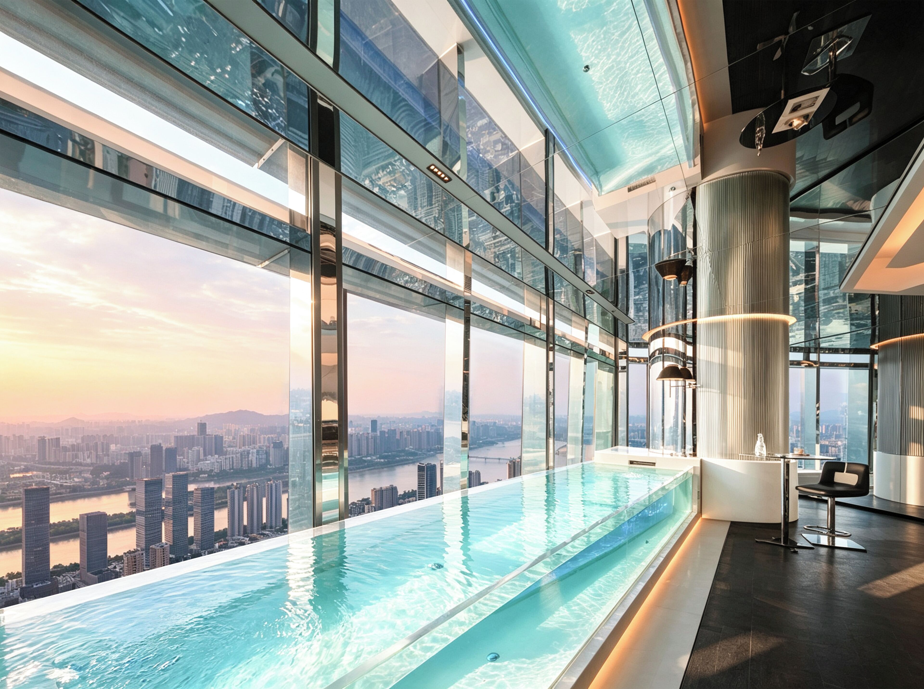 A modern indoor infinity pool with a city view, large windows, and contemporary lighting fixtures.